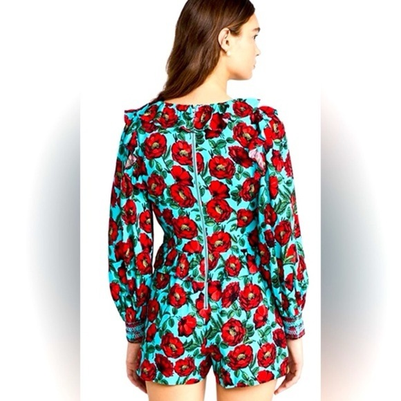 ALICE + OLIVIA Kami Blouson Sleeve Deep V Ruffle Romper in Beach Bliss Aqua (D9) - Picture 5 of 11